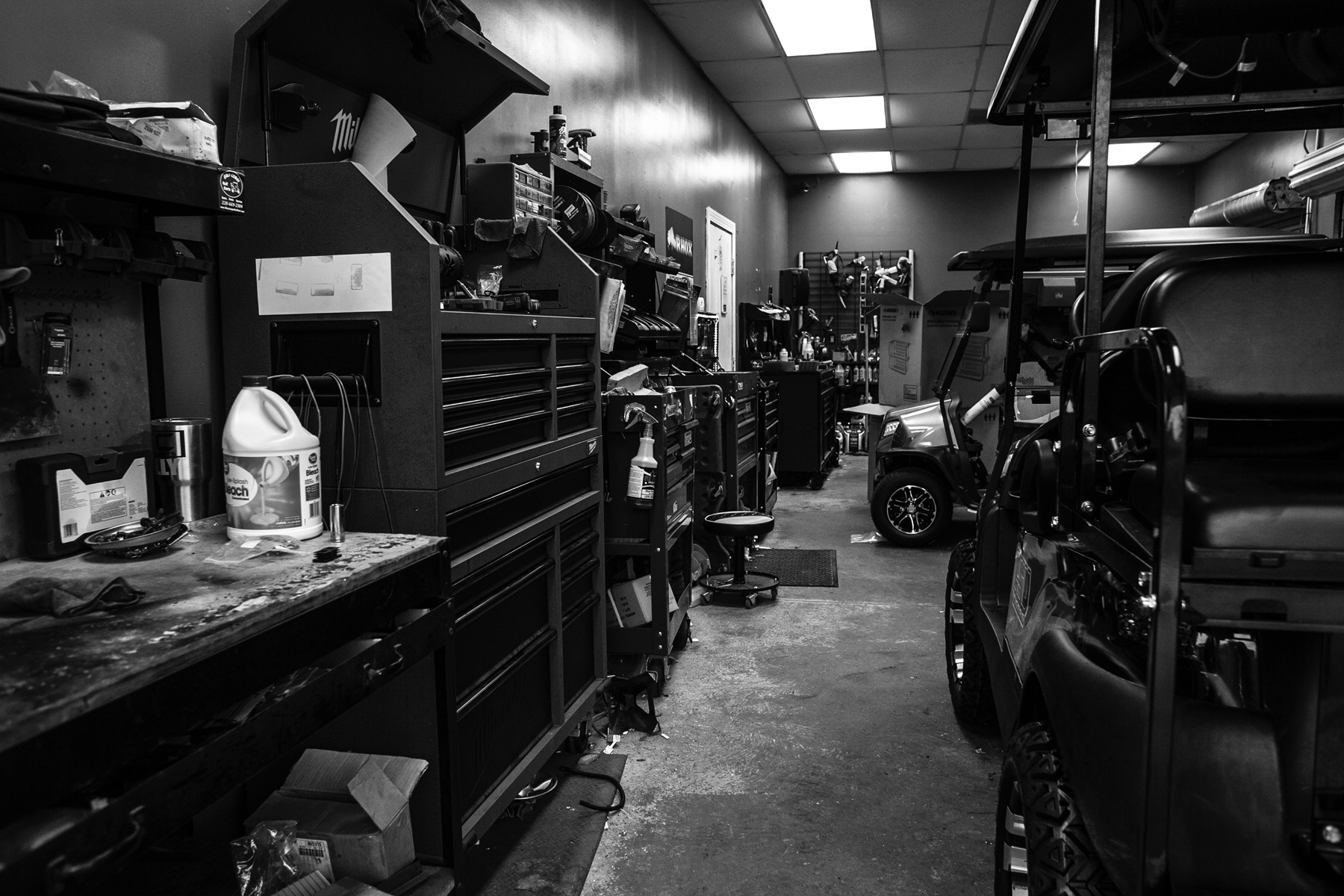 workshop with golf cart accessories
